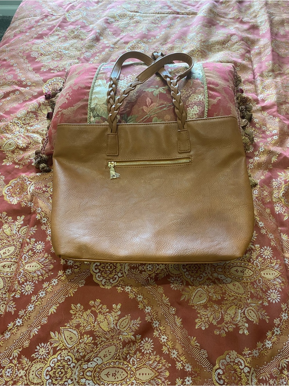 Urban Expressions Brown Braided-Handle Tote with Front Zip Pocket